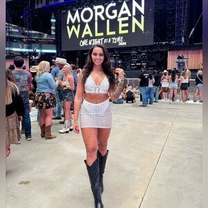 Violet white rhinestone mesh mini skirt and crop top